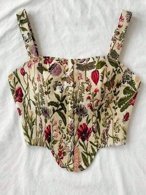 Floral Embroidered Corset Crop Top - Cream with Green & Red Floral